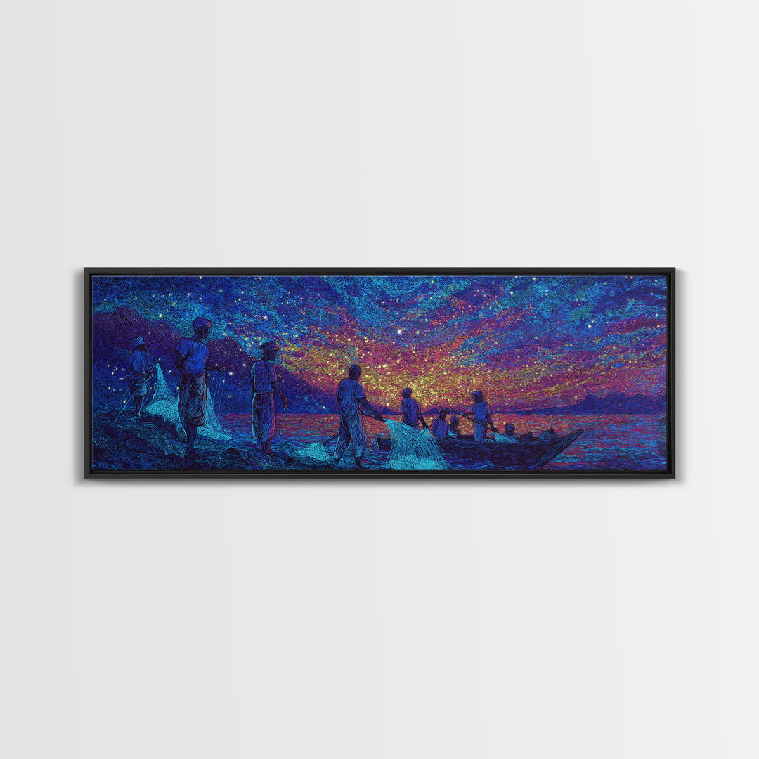 Stargazing Fishermen At Shore Canvas Print, African Wall Art, Vibrant Blue Purple Night, Afrocentric Unique Home Decor Gift