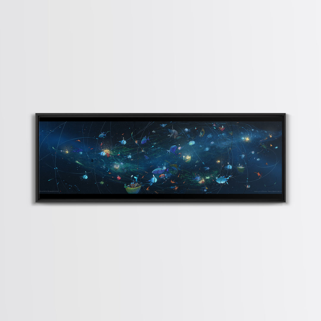 Cosmic Ocean Fish And Nets Wall Art, Dreamy Canvas Print, African Inspired Underwater Scene, Modern Blue Home Decor Gift
