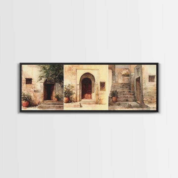Whitewashed Doorway And Stone Steps Canvas Print, Moroccan Travel, African Home Decor, Beige Wall Art, Rustic Home Decor