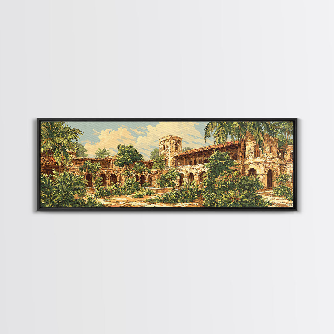 Tropical Courtyard Ruins With Palms Wall Art, African Inspired Landscape, Boho Home Decor, Living Room Canvas Print, Statement Wall Decor