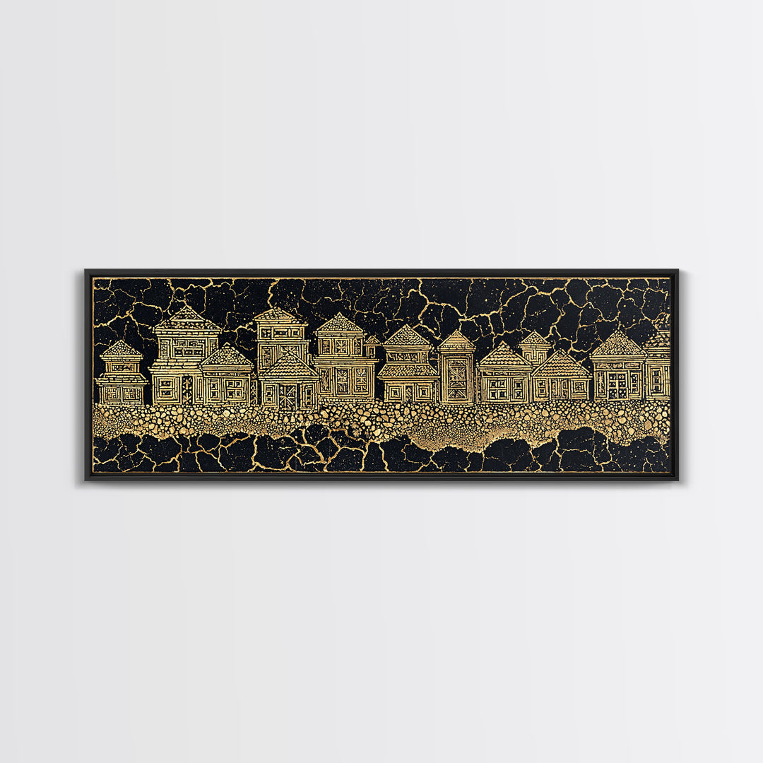 Gold Line Village On Cracked Black Wall Art, African Tribal Art, Ethnic Wall Decor, Modern Canvas Print, Cultural Home Decor