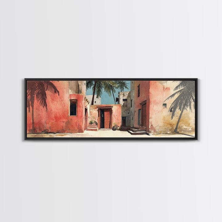 Sunlit Coral Adobe Alley With Palms Canvas Print, Moroccan Travel Poster, African Inspired Wall Art, Boho Bedroom Decor Gift