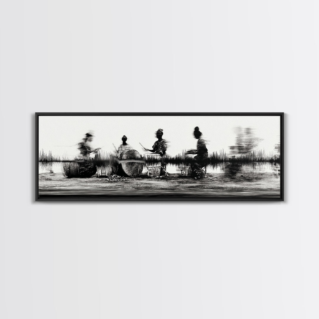 Black And White African Drummers Silhouette Wall Art, Tribal Music Decor, Afrocentric Canvas Print, Cultural Living Room Art