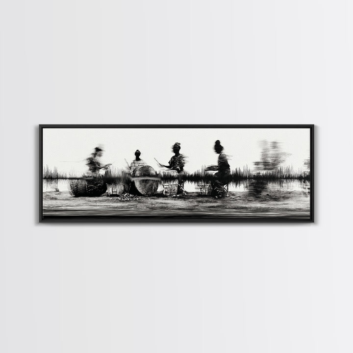 Black And White African Drummers Silhouette Wall Art, Tribal Music Decor, Afrocentric Canvas Print, Cultural Living Room Art