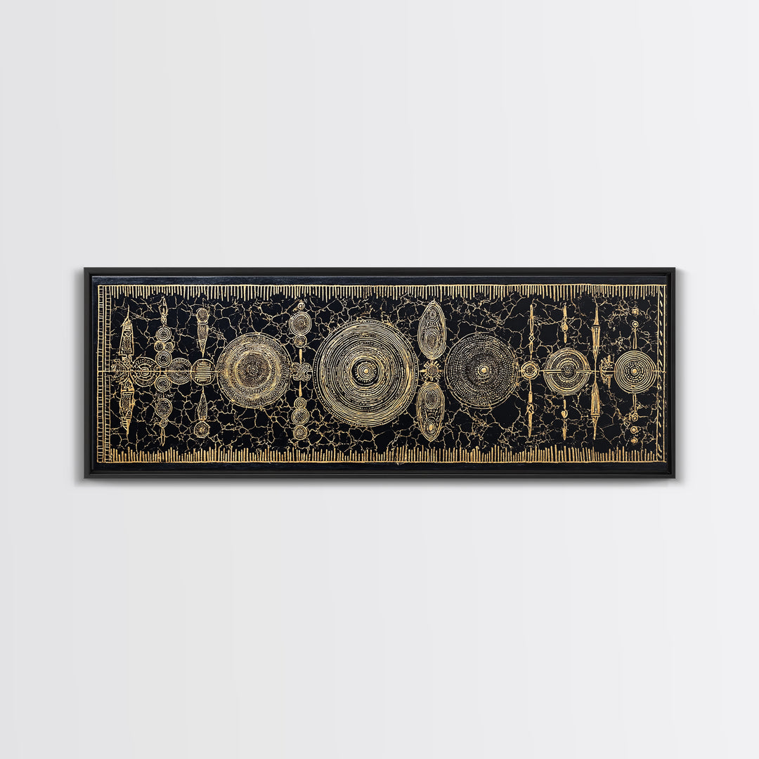 Gold Tribal Shields And Woven Kuba Patterns Framed Canvas Print, African Wall Decor, Ethnic Black Gold Cultural Art For Home
