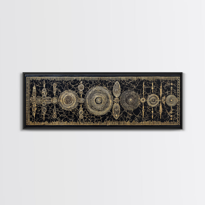 Gold Tribal Shields And Woven Kuba Patterns Framed Canvas Print, African Wall Decor, Ethnic Black Gold Cultural Art For Home