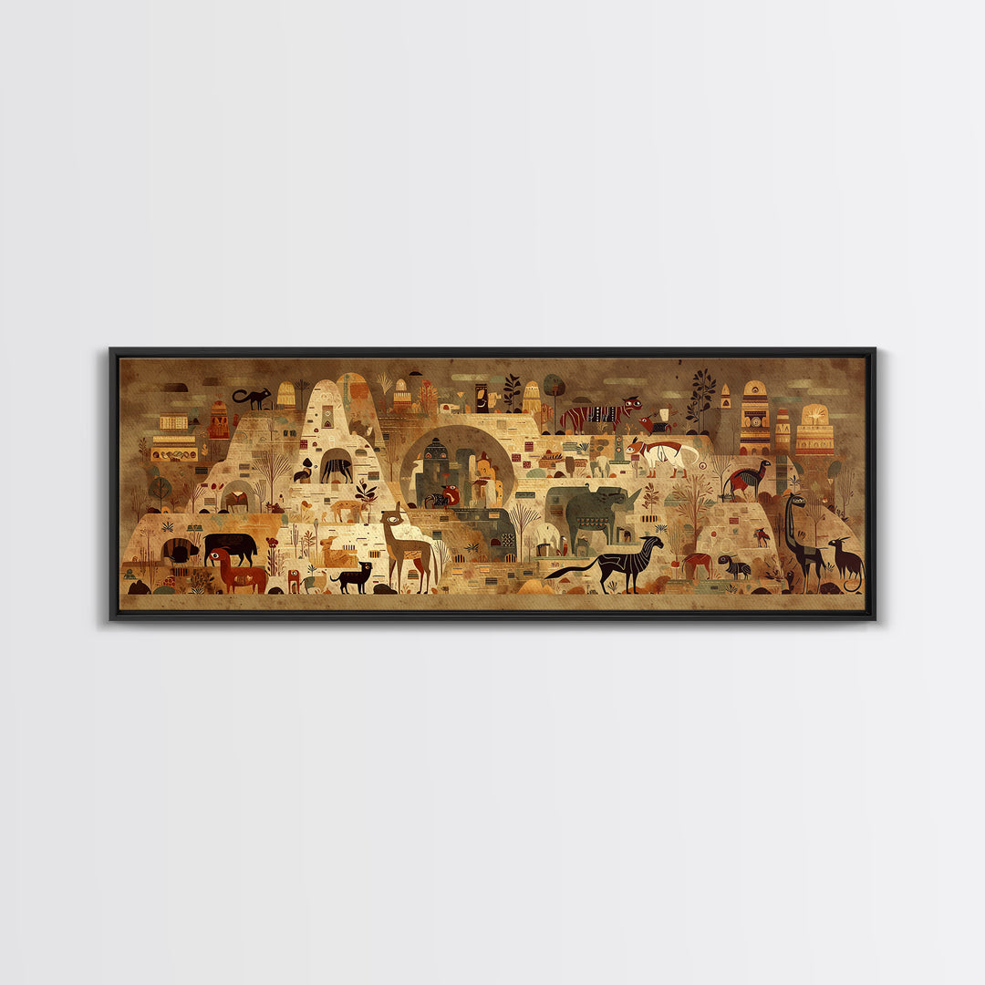 Ancient African Village With Wildlife And Huts Canvas Print, Safari Landscape Wall Decor, Tribal Culture Art For Living Room