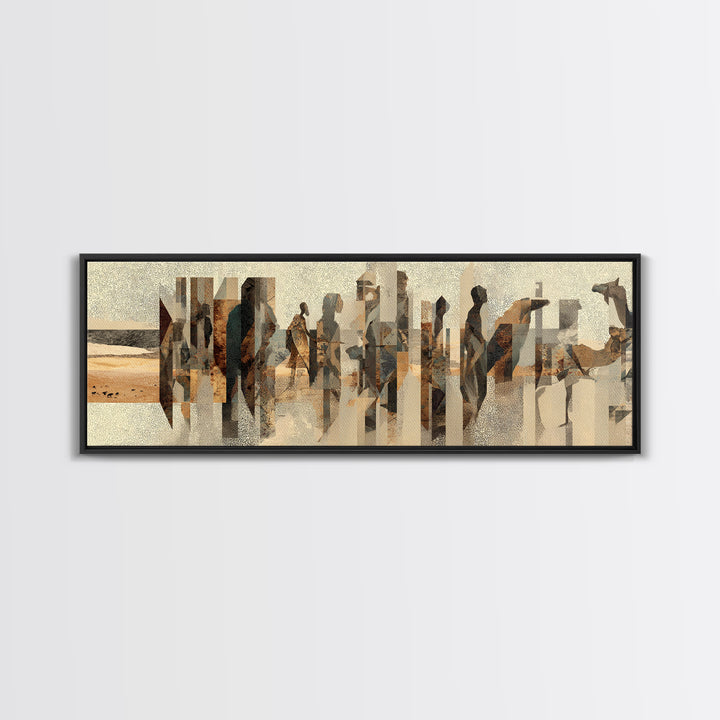 Abstract Desert Caravan With African Women Silhouettes Canvas Print, Minimalist Earth Tone Wall Decor, Cultural Portrait Art