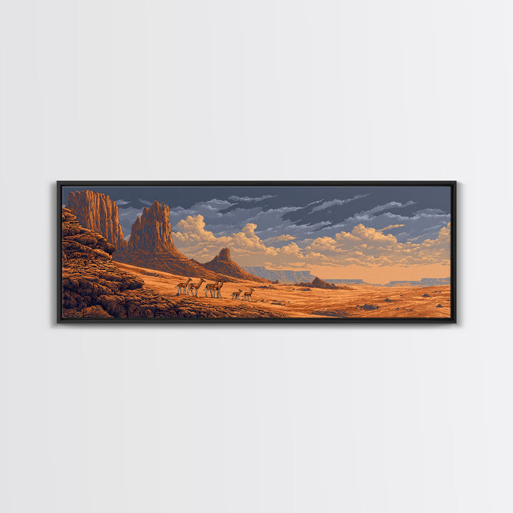 Golden Desert Safari With Antelope Herds And Mesas Wall Art, African Landscape Decor, Serengeti Inspired Canvas Print Gift