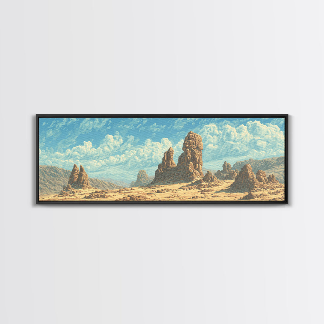Sunlit Desert Rock Spires And Turquoise Sky Canvas Print, African Landscape Wall Decor, Dreamy Nature Scene Art For Home