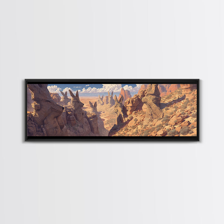 Carved Canyon Faces And Monument Valley Cliffs Wall Art, African Inspired Tribal Landscape Decor, Fantasy Canvas Print Gift