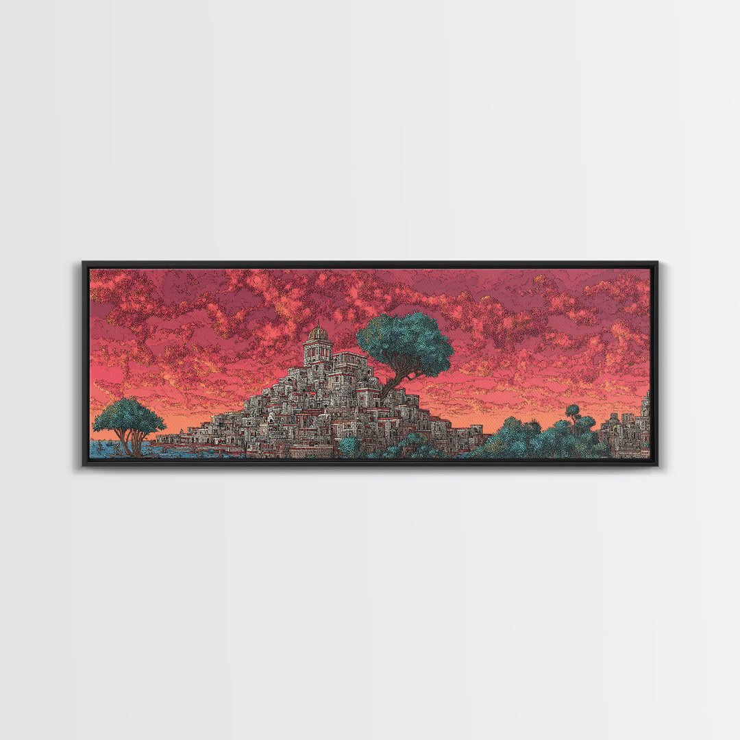 Ancient Stepped City Under Coral Sky Canvas Print, African Inspired Architecture Wall Decor, Mystical Travel Art For Home