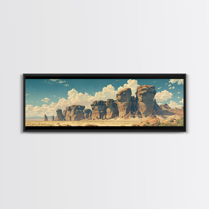 Weathered Desert Monoliths And Sunlit Sand Cliffs Framed Canvas Print, African Landscape Wall Decor, Large Safari Art Gift