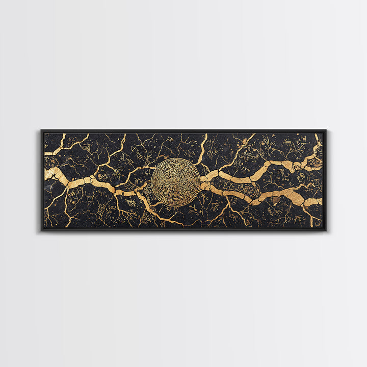 Black Gold Cracked Marble Medallion Wall Art, Luxury Abstract Wall Art, Modern Canvas Art, Elegant Home Decor Gift, Statement Wall Decor