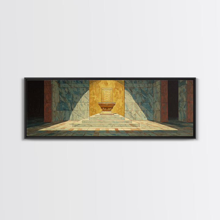 Turquoise Sunlit Temple Pedestal Canvas Print, Geometric Wall Art, Cultural Art Print, Modern Home Decor Gift, Unique Canvas Art