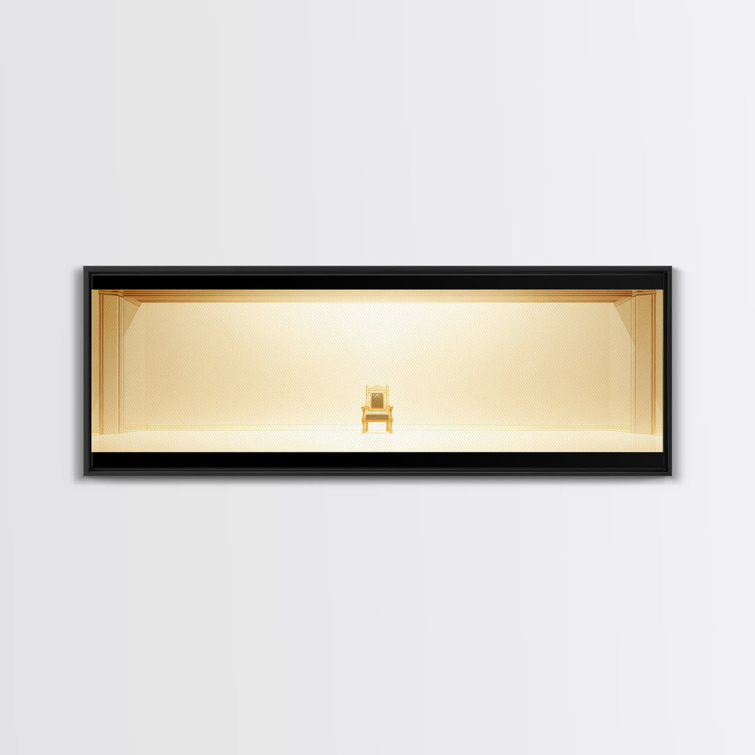 Minimal Golden Throne In Luminous Hall Framed Canvas Print, Minimalist Wall Art, Luxury Art, Elegant Home Decor Gift, Ready To Hang Art
