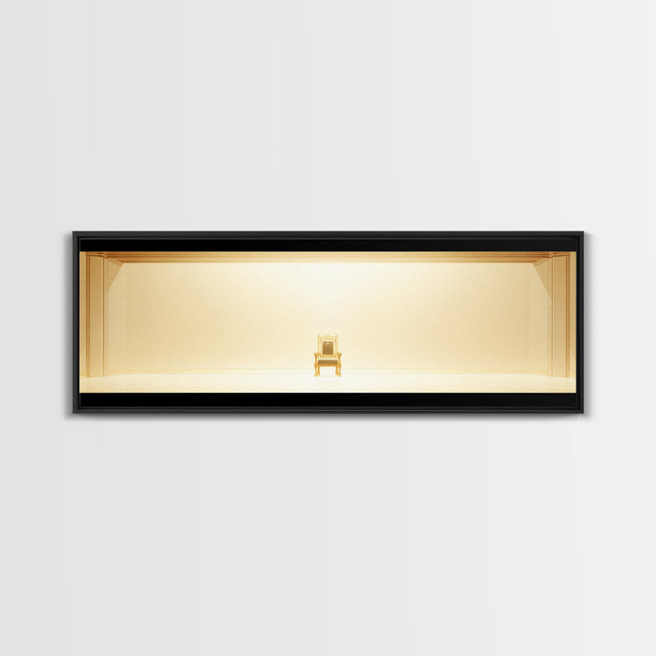 Minimal Golden Throne In Luminous Hall Framed Canvas Print, Minimalist Wall Art, Luxury Art, Elegant Home Decor Gift, Ready To Hang Art