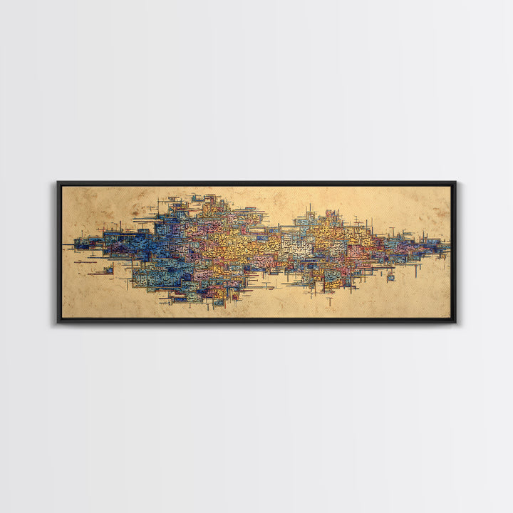 Abstract African City Map Canvas Print, Modern Geometric Wall Decor, Blue Orange Afrocentric Art, Panoramic Office Decor