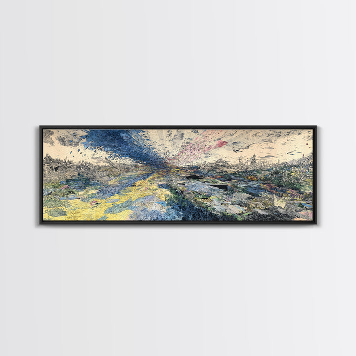 Stormy African Landscape Canvas Print, Abstract Aerial City View, Blue Yellow Modern Wall Decor, Panoramic Statement Art