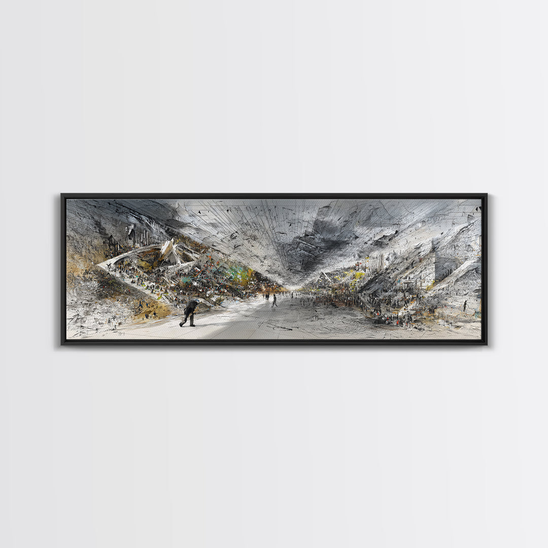 Monochrome African Modern Hall Canvas Print, Grand Interior Crowd Scene, Abstract Architecture Wall Art, Large Office Decor
