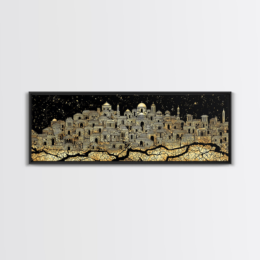 Gold African Night City Wall Art, Starry Palace Skyline, Black And Gold Cultural Decor, Panoramic Canvas Print Gift For Home