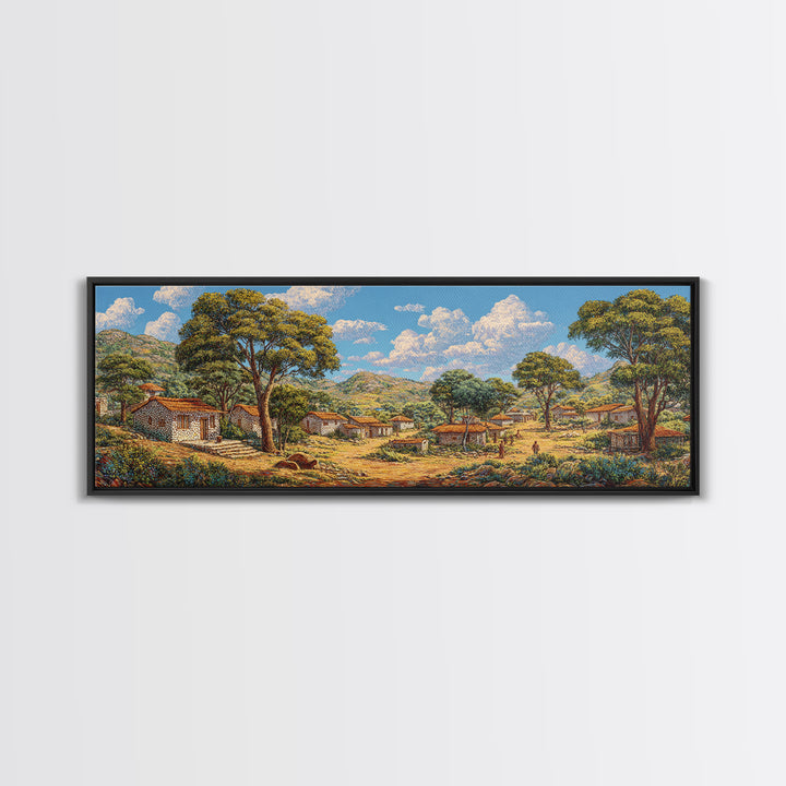 Sunlit African Countryside Landscape Wall Art, Village Nature Scene, Safari Decor, Earth Tone Panoramic Living Room Print