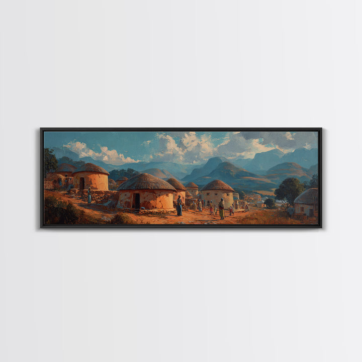 Traditional Round Hut Village Canvas Print, African Landscape Wall Art, Cultural Home Decor, Mountain Sunset Room Accent