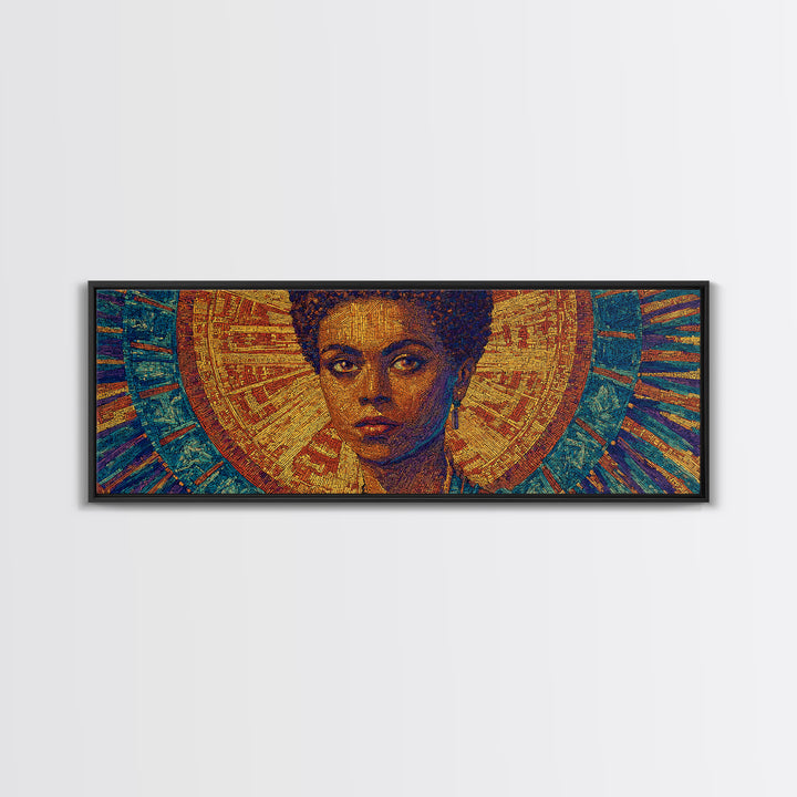 Regal Black Woman With Golden Halo Framed Canvas Print, Afrocentric Wall Art, African Queen Portrait, Melanin Decor Gift