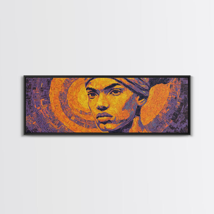 Bold African Woman Geometric Portrait Canvas Print, Abstract Wall Art, Afrocentric Decor, Orange Purple Statement Piece Gift