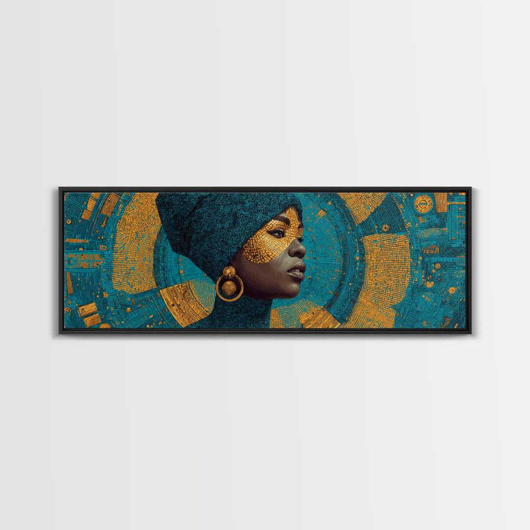 Elegant Black Queen Profile Framed Canvas Print, African Woman Art, Teal Gold Afrocentric Wall Decor, Melanin Portrait Gift