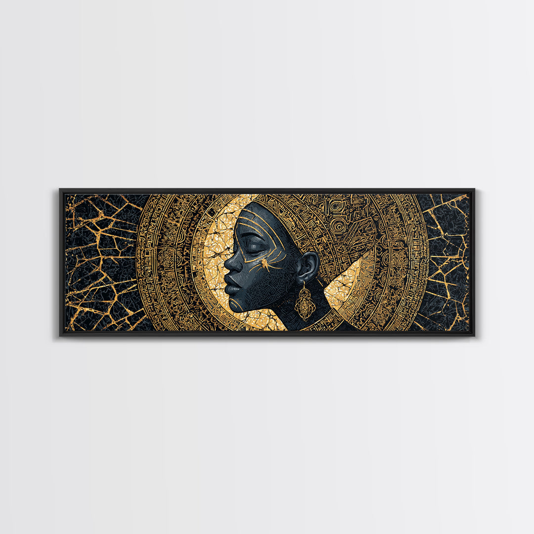 Golden Profile Black Woman Portrait, Abstract African Art Framed Canvas Print, Afrocentric Wall Art, Elegant Home Decor