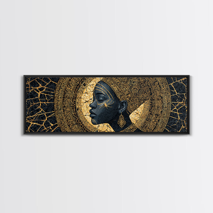 Golden Profile Black Woman Portrait, Abstract African Art Framed Canvas Print, Afrocentric Wall Art, Elegant Home Decor