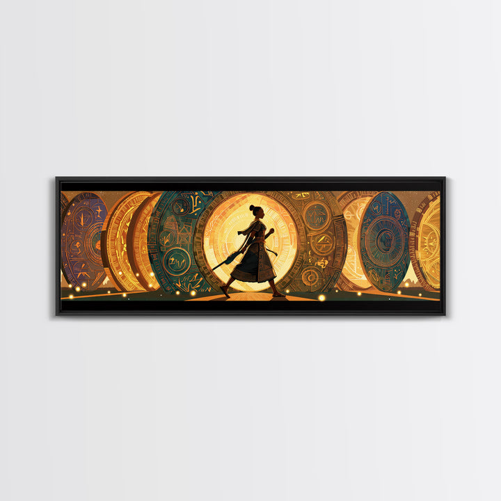 Walking African Woman Silhouette, Golden Portal Wall Art, Modern African Art Canvas Print, Boho Afrocentric Home Decor Gift