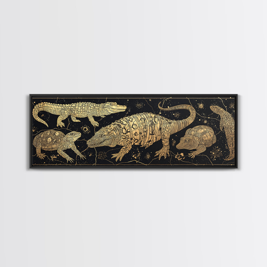 Golden Crocodile Constellation Wall Art, African Safari Reptile Print, Tribal Animal Decor, Black Gold Canvas For Living Room