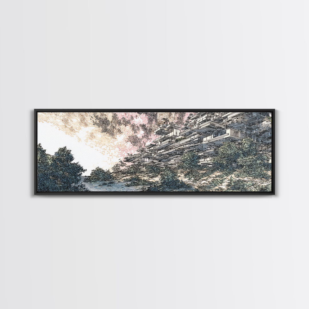 Riverside Brutalist Architecture Wall Art, Modern Landscape Print, Blue Green Urban Nature Decor, Contemporary Canvas For Office