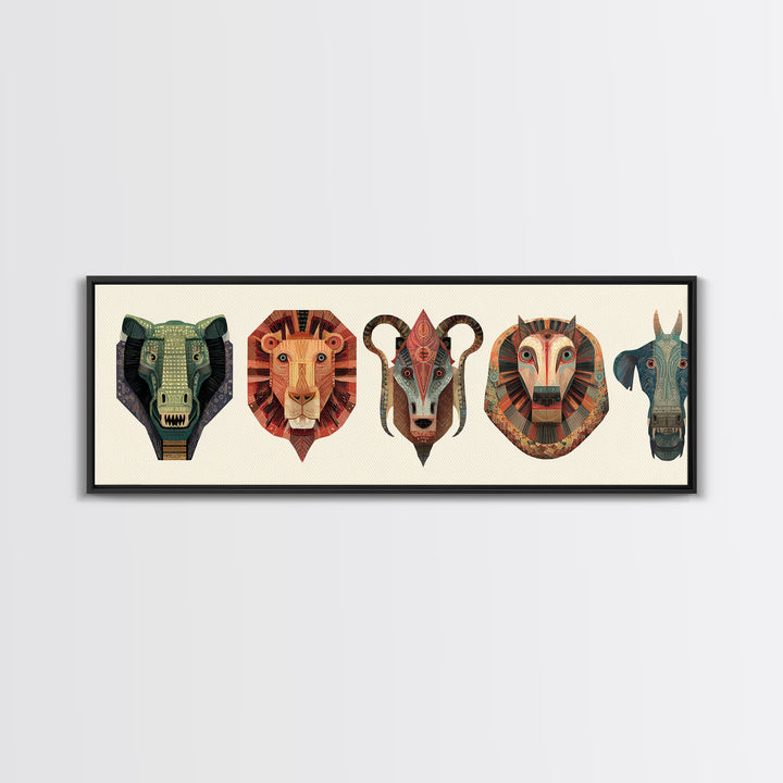 African Animal Mask Collection Framed Canvas Print, Elephant Lion Ram Baboon Tribal Wall Art, Safari Decor For Bold Home