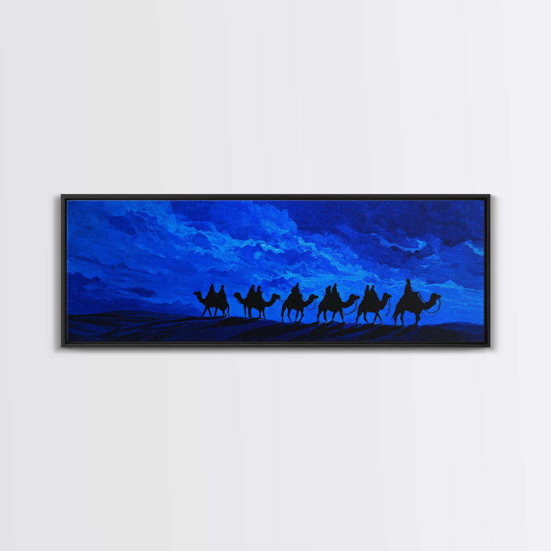 Blue Desert Camel Caravan Wall Art, Moonlit Nomad Silhouette Print, African Safari Decor, Mystical Travel Canvas For Bedroom