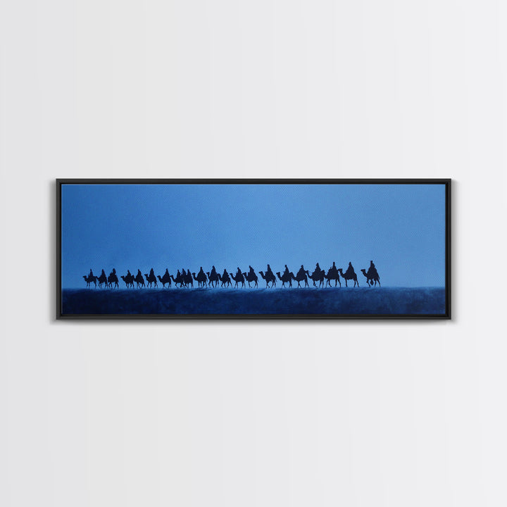 Distant Camel Caravan Canvas Print, Blue Desert Horizon Wall Art, African Travel Poster, Minimalist Safari Decor For Living Room