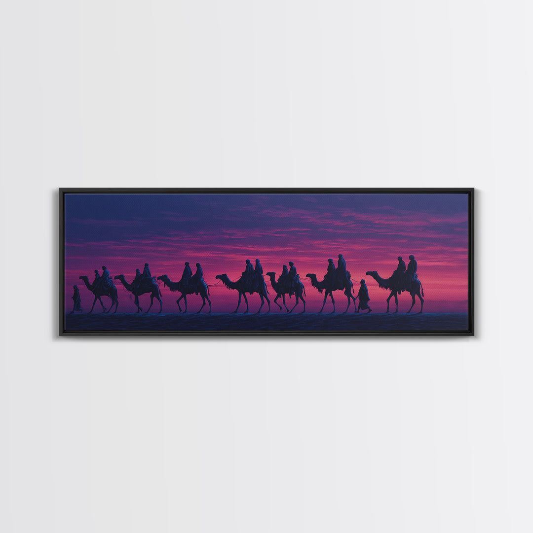 Purple Sunset Camel Caravan Wall Art, Desert Nomad Silhouette Painting, African Safari Decor, Travel Canvas Print For Bedroom