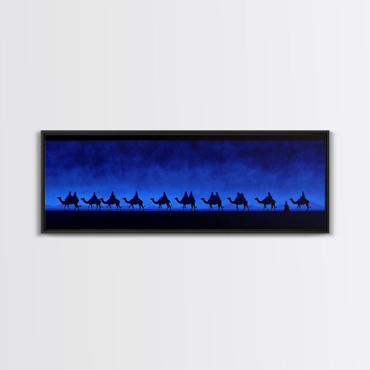 Deep Blue Camel Caravan Canvas Print, Desert Silhouette Wall Art, African Safari Poster, Minimalist Travel Decor For Home