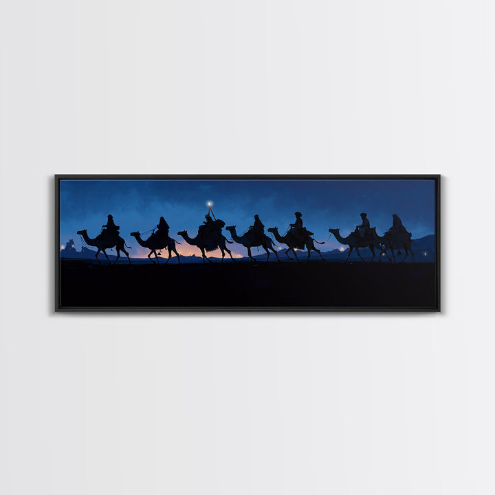 Night Camel Caravan Framed Canvas Print, Blue Desert Silhouette Wall Art, African Safari Travel Decor, Nomad Scene For Home
