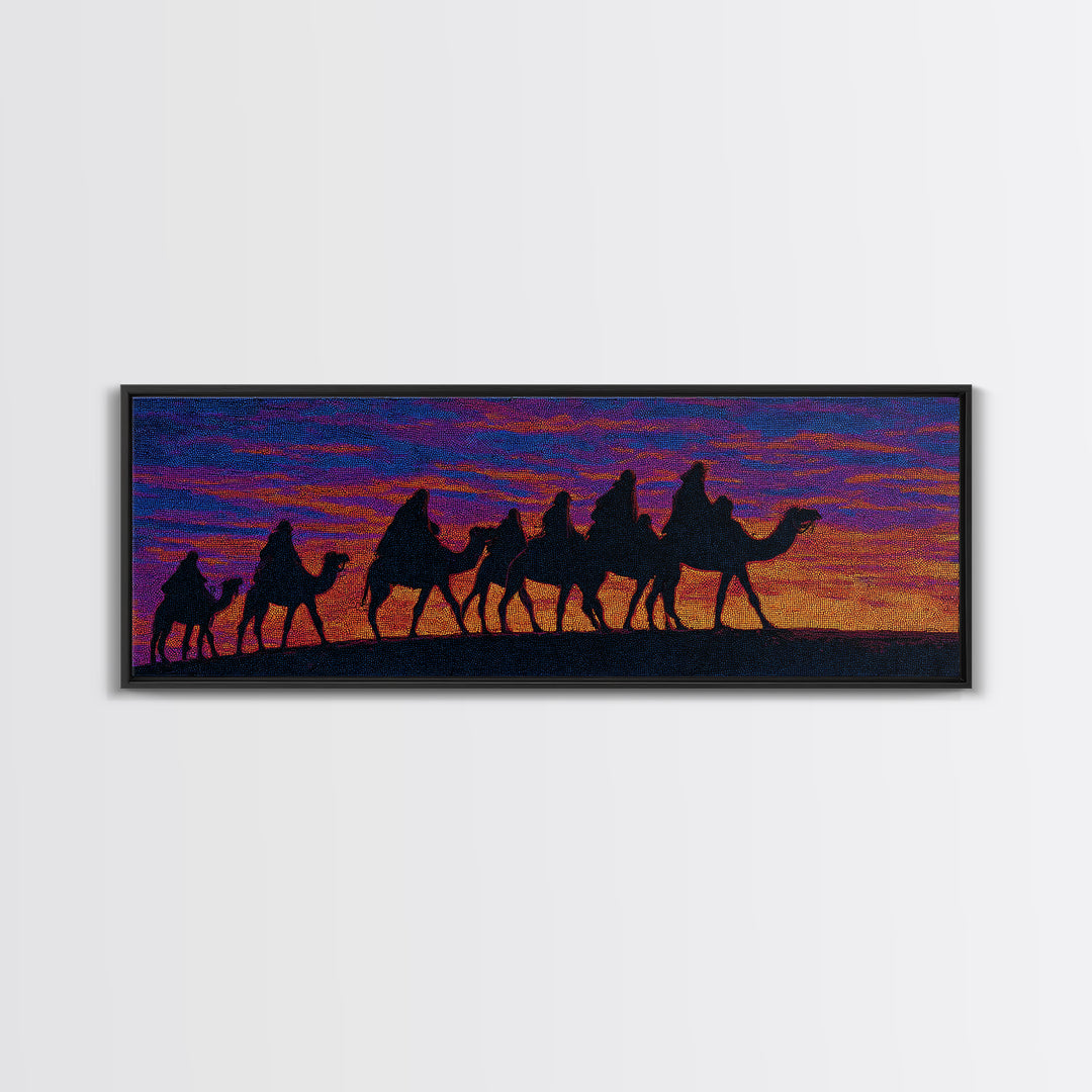 Vibrant Sunset Camel Caravan Silhouette Canvas Print, African Safari Wall Decor, Boho Desert Landscape, Colorful Art Gift