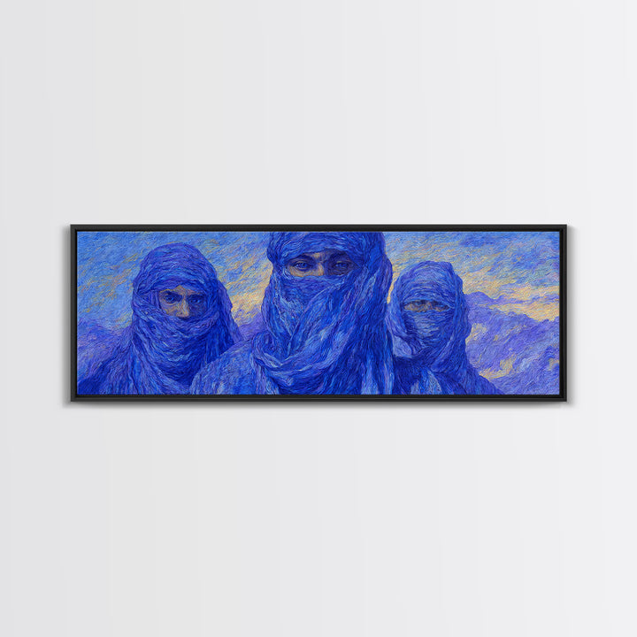 Three Blue Veiled Tuareg Portraits Canvas Print, African Painting Wall Art, Sahara Desert Decor, Modern Cultural Artwork