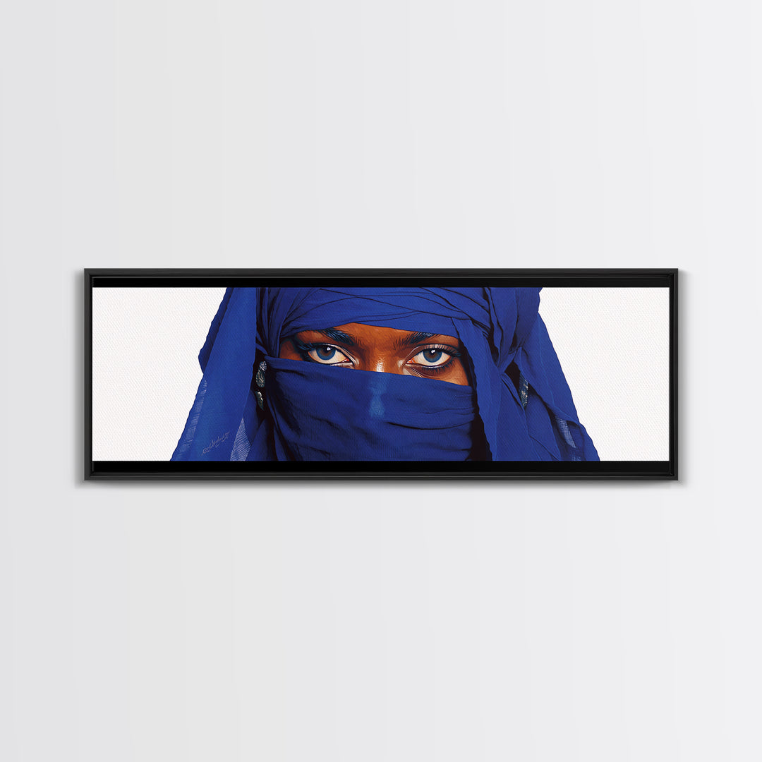 Blue Veiled Woman Eyes Portrait Wall Art, African Woman Art Print, Elegant Black Beauty Decor, Tuareg Canvas Print Gift For Her