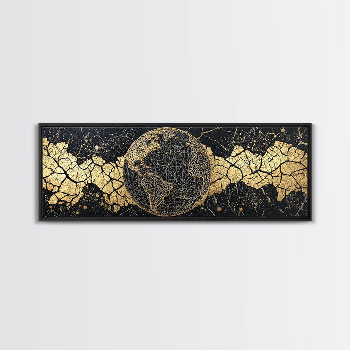 Golden World Map Globe Wall Art, African Travel Canvas Print, Black Gold Decor, Global Culture Office Art, Statement Gift