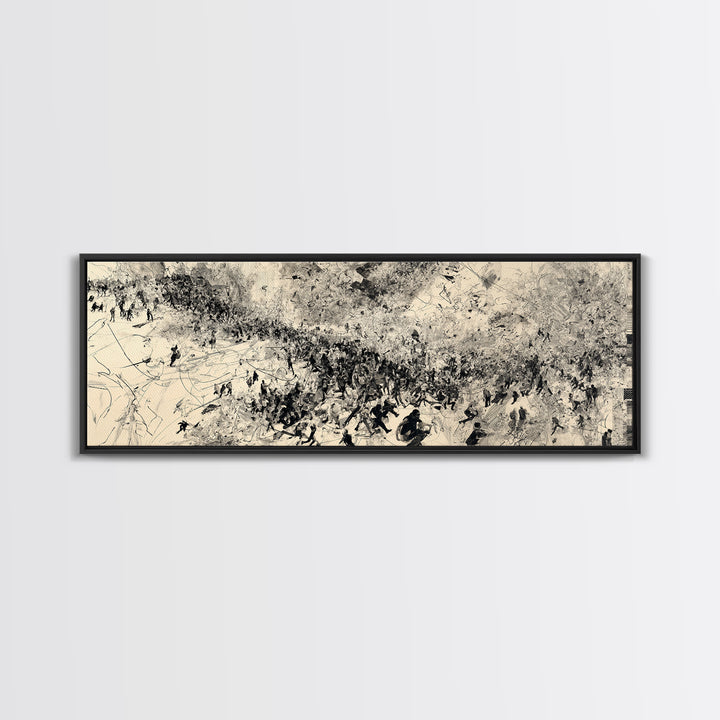 Monochrome African Migration Wall Art, Abstract Crowd Landscape, Black And White Culture Decor, Panoramic Art Print Home Gift