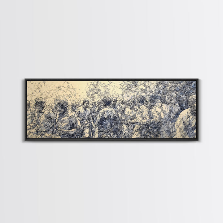 Blue Ink African Community Canvas Print, Expressive Line Drawing, Cultural Wall Decor, Black People Panoramic Art Home Decor Gift