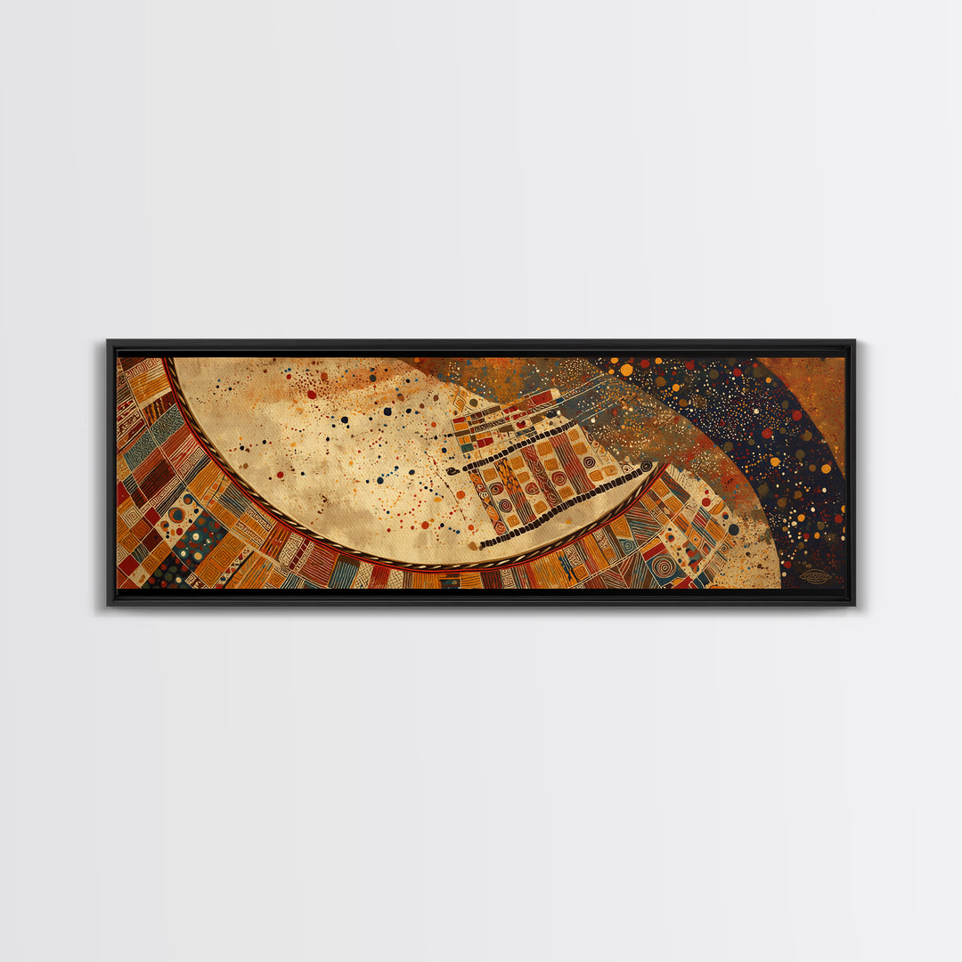 Celestial Ankara Crescent With Orange Patterns Canvas Print, African Fabric Art, Afrocentric Wall Decor, Boho Cultural Art