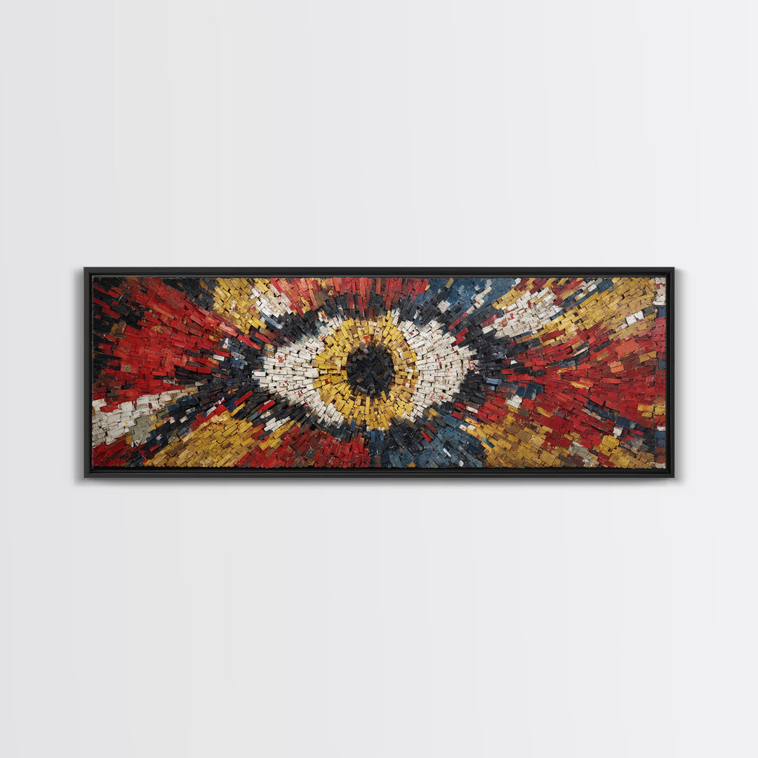 Exploding Eye Mosaic In Red Gold And Navy Framed Canvas Print, Abstract African Art, Bold Statement Wall Decor For Living Room