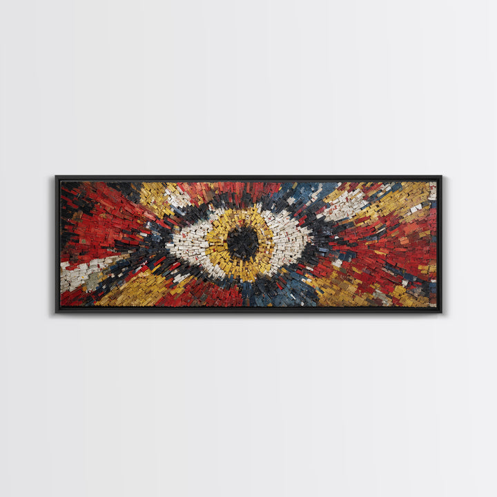 Exploding Eye Mosaic In Red Gold And Navy Framed Canvas Print, Abstract African Art, Bold Statement Wall Decor For Living Room
